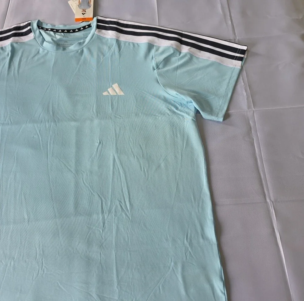 ADIDAS Light Blue Men's Athletic Tee with Contrast Shoulder Stripes